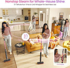 Schenley Steam Mop Cleaner Powerful - 15s Fast Heat-Up, Chemical-Free for Hardwood/Tile/Laminate & Floors/Walls, Washable Pads, 3 Modes for Carpet, Lightweight, Self-Standing, Sleek Design
