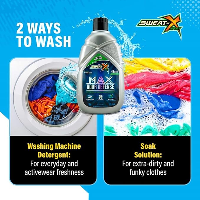 Sweat X Original Max Odor Defense Laundry Detergent – Remove the Worst Odors & Toughest Stains – High Performance Sports Wash for Training Gear & All Fabric Types – 45 Loads/Bottle – 4 Pack