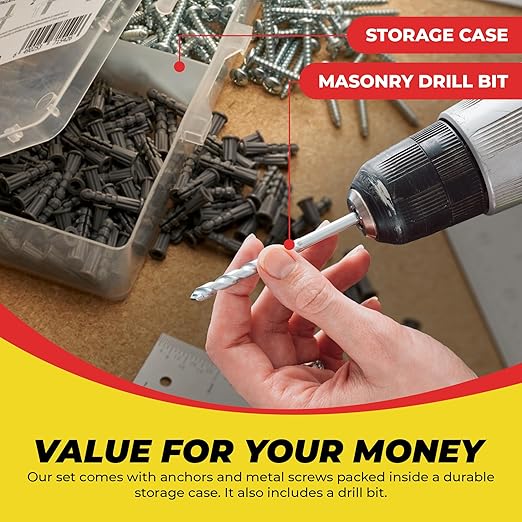 Qualihome Ribbed Plastic Drywall Anchor Kit - Wall Anchors and Screws for Drywall Includes Anchors, & Screws, 1 Masonry Drill Bit - Mounting Tolls for Decor, Furniture, Shelving (6-8 x 7/8")