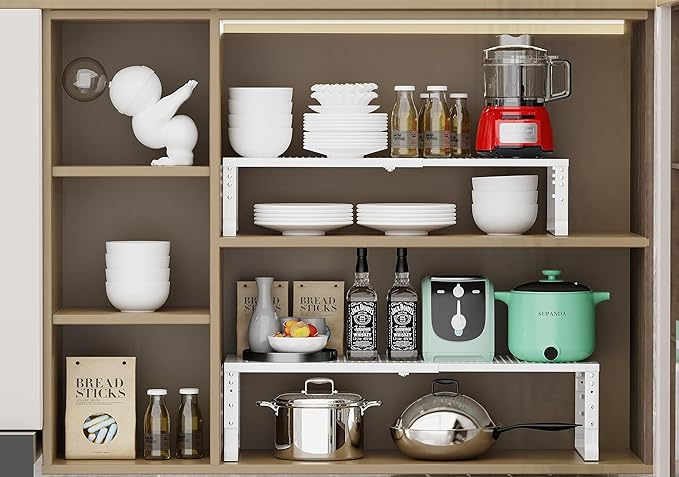 Expandable Adjustable Stackable Kitchen Organizer, Spice Rack,Metal Pantry Storage Shelves Racks,Counter Shelf for Cabinets, Countertop, Cupboard (1 Pack/Large/White)