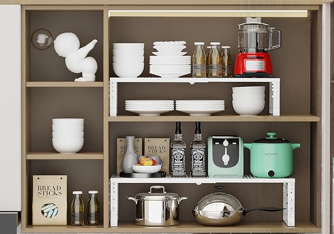 Expandable Adjustable Stackable Kitchen Organizer, Spice Rack,Metal Pantry Storage Shelves Racks,Counter Shelf for Cabinets, Countertop, Cupboard(3 Packs/Large/White)