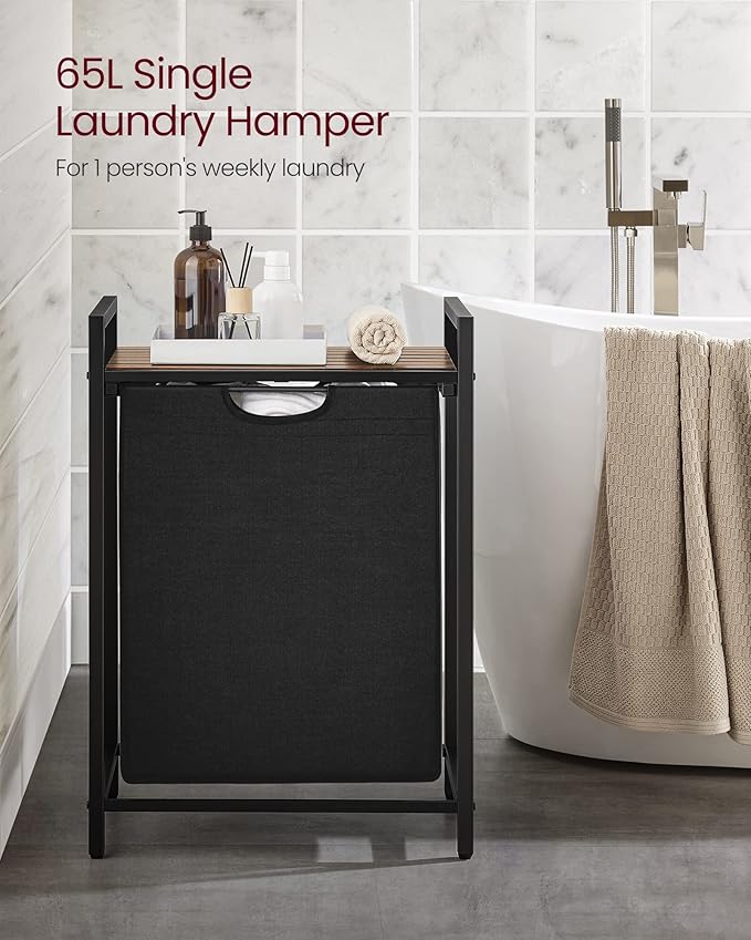 VASAGLE Laundry Hamper, Laundry Basket, Laundry Sorter with A Pull-Out and Removable Bag, Shelf, Metal Frame, 17.2 Gallons (65 L), 19.7 x 13 x 28.4 Inches, Black and Rustic Brown UBLH101B01