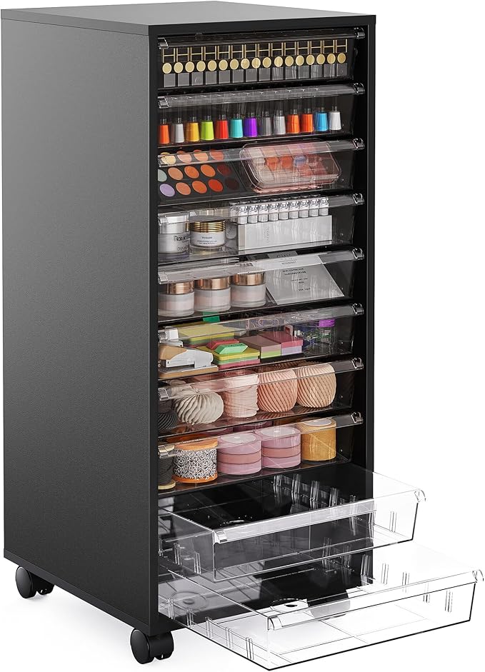 WOPITUES Plastic Storage Drawer Cart, Makeup Organizer and Storage with 10 Large Clear Drawers, Utility Wooden Rolling Cart on Wheels, for Cosmetic, Art Craft, Parts, Office Supplies, Toy, Black