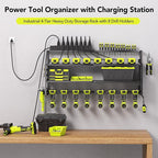 Power Tool Organizer Wall Mount with Charging Station, 8 Drill Holder with 8-Outlet Power Strip, Garage Cordless Drill Storage and Organization, Battery Utility Rack