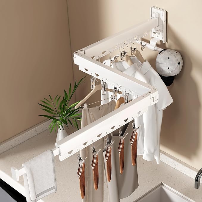 Wall Mounted Collapsible Clothes Drying Rack, Durable Space-Saving Laundry Drying Rack Clothing Hanger, Upgraded with Clips and Windproof Holes