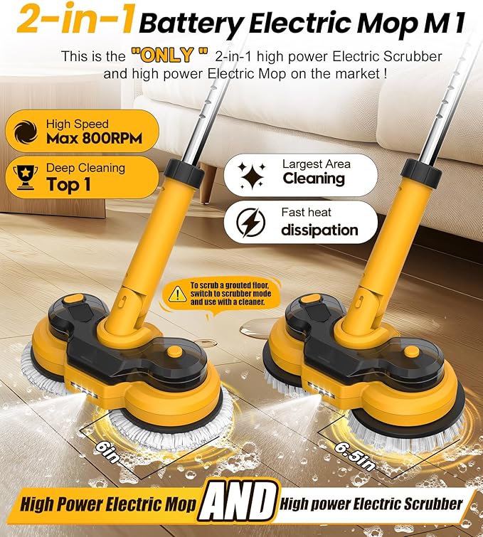 qimedo 6000mAh Battery Electric Mop M1, 800RPM Cordless Electric Power Scrubber & Mops for Floor Cleaning, Best Automatic Spin Mops with Smart Display,Rotating Mop with LED Light & Water Spray