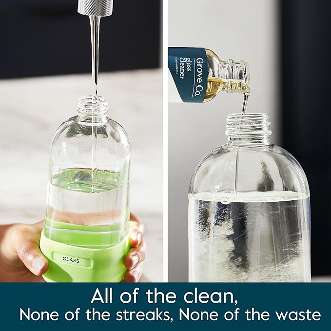 Grove Co. Glass Cleaner, Refill Concentrate (2 x 1 Fl Oz) + 1 x Reusable Glass Spray Bottle (16 Oz) Plant-Based Cleaning Supplies Bundle, No Plastic Waste, 100% Natural Orange & Rosemary Fragrance