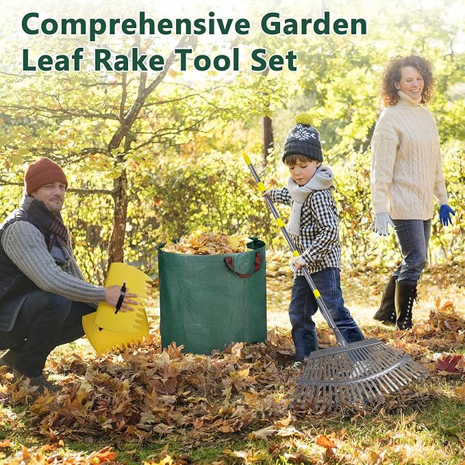 Garden Rake for Leaves, 37"-73" Adjustable Handle Rake Set with Leaf Grabbers, Work Gloves and 2 Leaf Bags, 18" Wide Head with 25 Metal Tines for Yard Picking Leaves, Shrub Grass Bush Lawn Cleanup