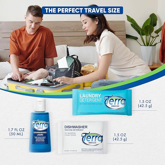 Travel Laundry Detergent & Dish Soap | Terra Breeze 1-Shoppe Amenities Kit | Laundry Soap, Dish Soap | 90 Pieces