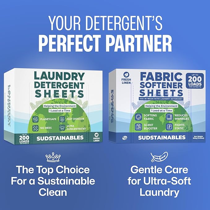 Sudstainables Fabric Softener Sheets for Washer – Eco-Friendly Laundry Softener Sheets for Washing Machines, Scented (200 loads)
