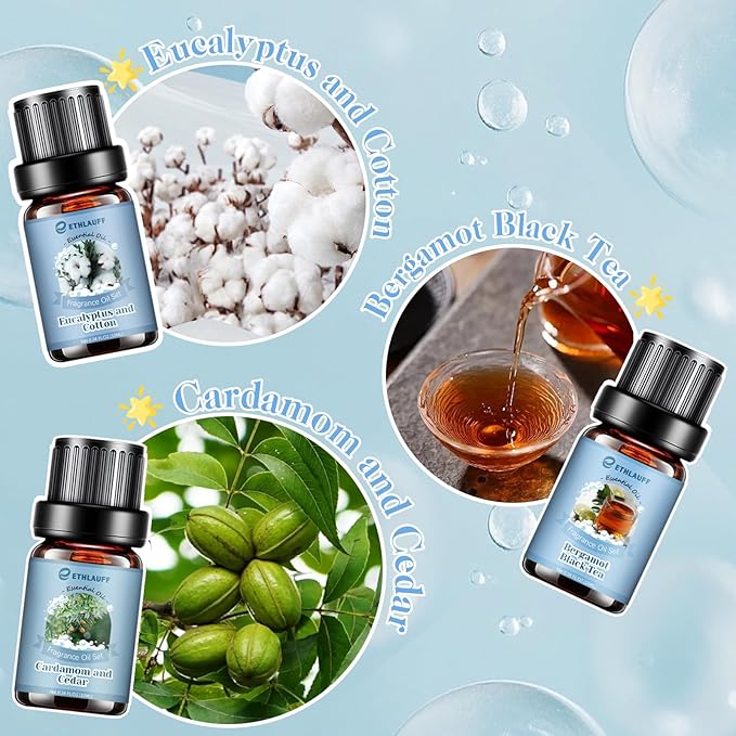 Clean Essential Oils Set, Laundry Collection Essential Oils Set, Pack of 6 Fragrance Oil for Diffuser for Home, Use with Wool Dryer Balls Scents - Fresh Linen, Clean Breeze, Eucalyptus and Cotton