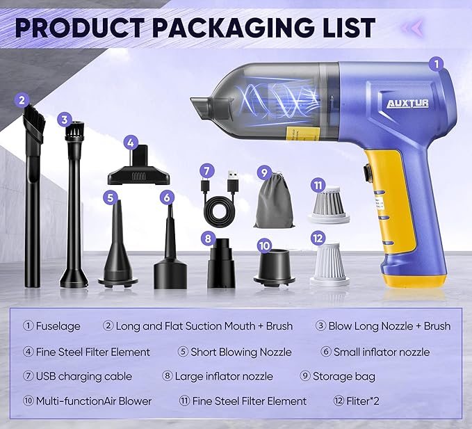 Car Vacuum Portable Cordless 3 in 1 Handheld Car Vacuum 15000PA High Power with Brushless Motor,5200mAh withType-C Charing Small Vacuum Cleaner Portable Cordless,SW101Blue Yellow