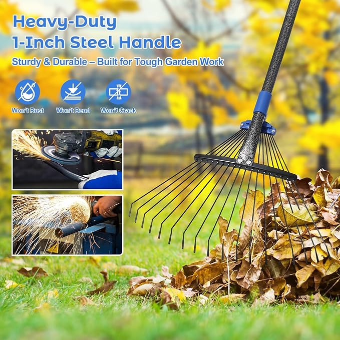 Adjustable Garden Rake for Leaves-Heavy Duty Metal Rake with 8-17" Expandable Head,Long Handle Lawn & Yard for Grass, Shrubs,Flower Beds,Camping,Outdoor Cleaning, Women & Kids