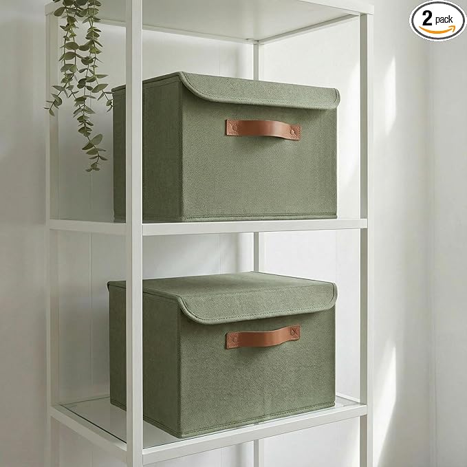 ZICOTO Decorative Linen Storage Boxes with Lids - Large Set of 2 Organizer Bins for Your Home Decor - The Perfect Container to Safely Store Photos, Documents and Memory Box Keepsakes in Style