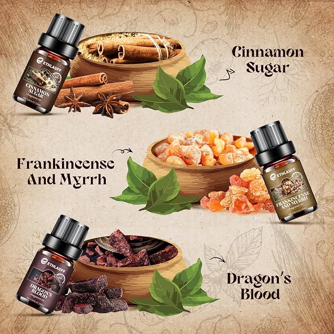 Fall Essential Oils Set, Pumpkin Spice, Frankincense & Myrrh, Cinnamon Sugar, Fall Scented Oil for Candle, Soap Making, Essential Oils for Diffuser Home 6 * 10 ml