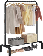 JIUYOTREE Standard Clothes Clothing Garment Rack with Storage Shelves Clothes Organizer for Hanging Clothes Coat Jacket Shirt Sweater Jeans Black