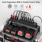 Power Tool Organizer Wall Mount with Charging Station, 4 Layer Storage Rack and Tool Holder for Garage Organization, 6 Drill Holder Wall Mount, 4 Hooks and 6 Outlet Power Strip, Great Men's Gift