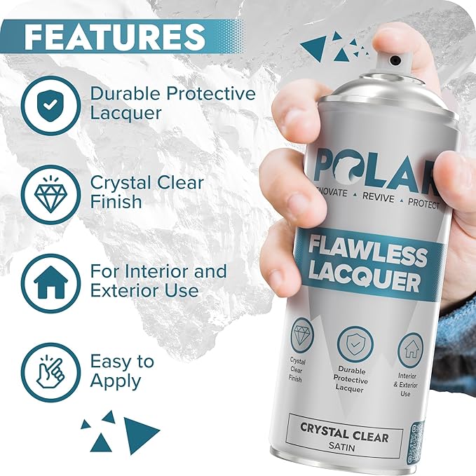 Polar Clear Satin Flawless Lacquer Spray - 2 x 13.5 Fl Oz - Clear Coat Spray Paint - Non-Yellowing & Scratch Resistant - Interior & Exterior Surfaces for Wood, Metal, Plastics, Glass & Ceramics