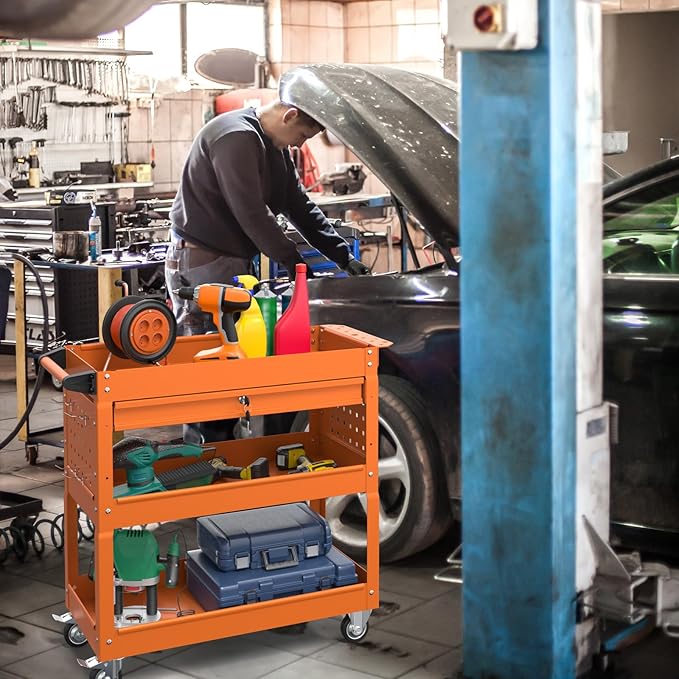 3 Tier Rolling Tool Cart with Drawer, 450 LBS Heavy Duty Utility Cart on Wheels, Service Cart for Garage, Workshop and Warehouse (Orange)