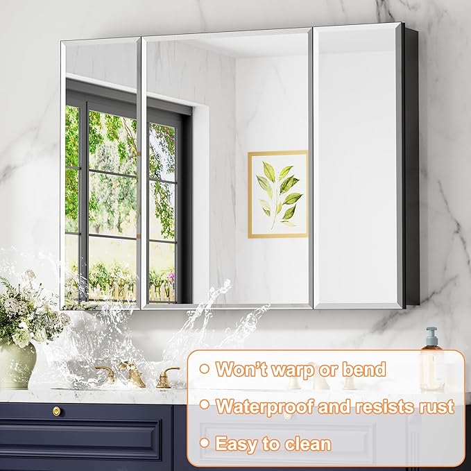 40x30 Inch Medicine Cabinet with Mirror, Aluminum Bathroom Mirror Cabinet, Beveled Edge Mirrored Door, Adjustable Shelves, Surface or Recessed Mount Bathroom Mirrors with Storage, Triple Door,Black
