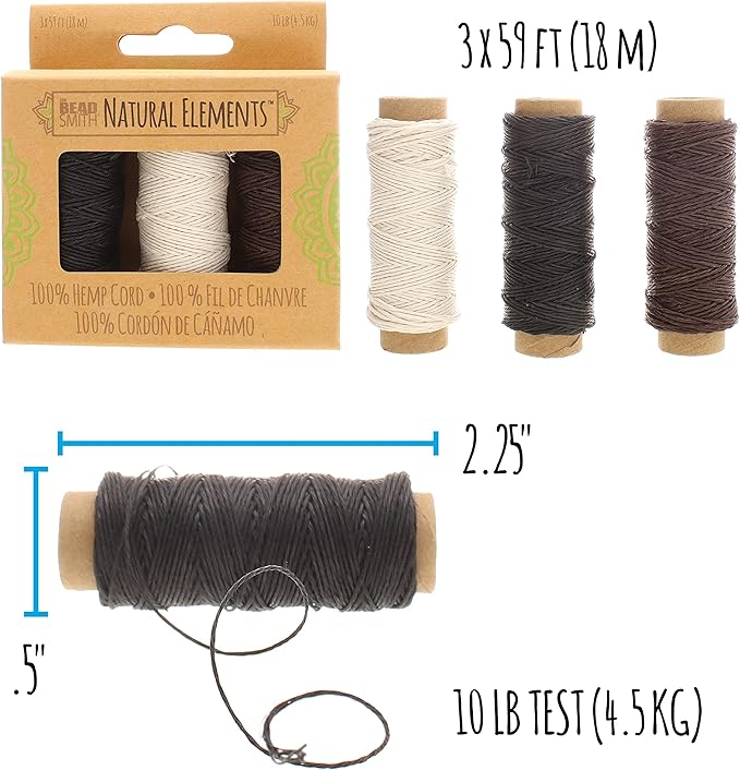 The Beadsmith 100% Hemp Cord – 3 Spools in Black, Brown & Natural – .55mm, 59 Foot Each, 10LB Test Strength – Twine for Jewelry Making, Macrame, Paper Crafts, Home Décor, DIY String Art & More