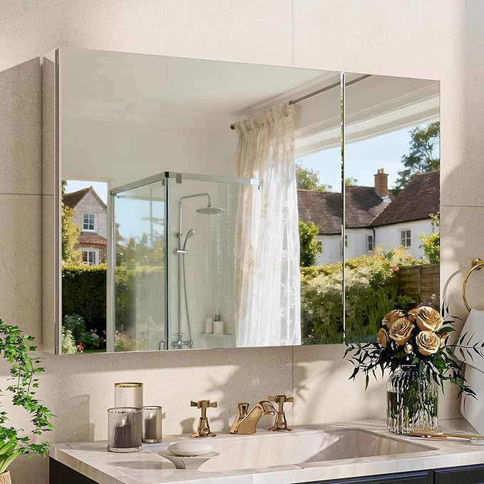 BEAUTYPEAK Bathroom Medicine Cabinet Mirror with Storage, 36 Inch x 26 Inch Silver Medicine Cabinet with Double Door & Adjustable Shelves for Vanity, Tempered, Aluminum Surface, Wall-mount or Recessed