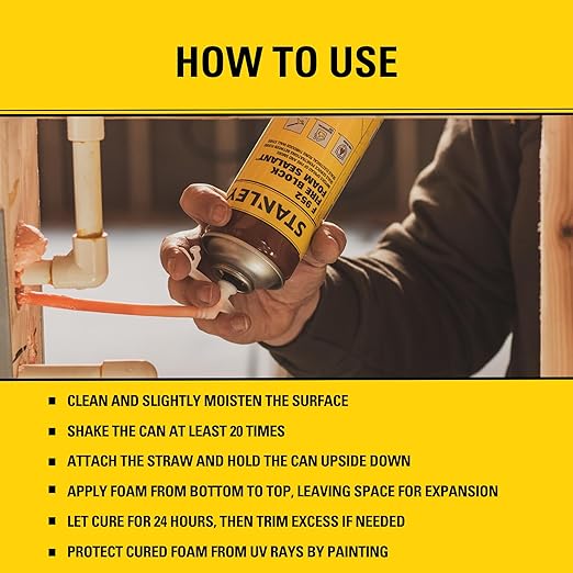 Stanley F952 Fire Block Spray Foam – (2x12oz) Fire Rated Expanding Polyurethane Foam Sealant for Gap Filling & Sealing on Doors, Windows, Walls, Pipes & Joints – Indoor/Outdoor Straw Use | 2 Pack