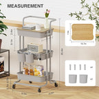 DTK 3 Tier Rolling Utility Cart with Cover Top Board, Movable Kitchen Storage Cart Trolley with Lockable Wheels, Cups, Hooks for Kitchen Bathroom Home Office Art Craft Storage and Organization(Grey)