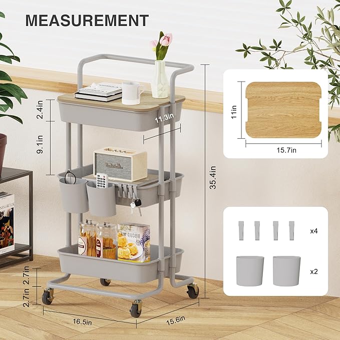 DTK 3 Tier Rolling Utility Cart with Cover Top Board, Movable Kitchen Storage Cart Trolley with Lockable Wheels, Cups, Hooks for Kitchen Bathroom Home Office Art Craft Storage and Organization(Grey)