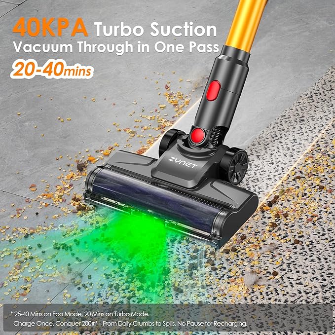 Cordless Vacuum Cleaner, 40KPA/40Mins, LED Display, Lightweight Stick Vacuum with Powerful Suction, Self-Standing, Green Light, Rechargeable Vacuum Cleaners for Home Pet Hair Carpet Hard Floors