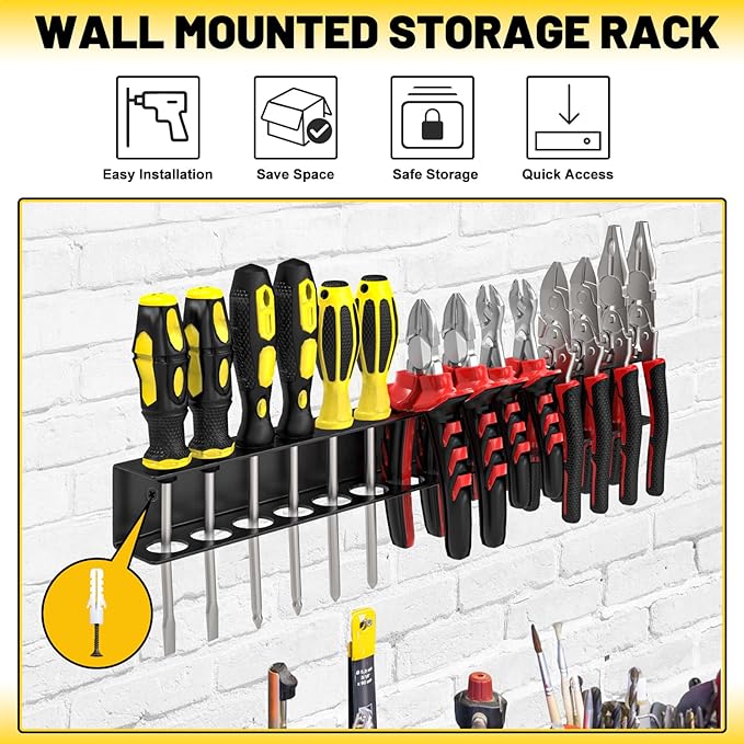 Screw Driver Holder Wall Mount,Screwdriver Organizer, Metal Plier Organizer Wall Mount, Screwdriver Garage Tool Storage Rack for Garage Workshop Workbench Edge Tool Chest Cart, 2 PCS