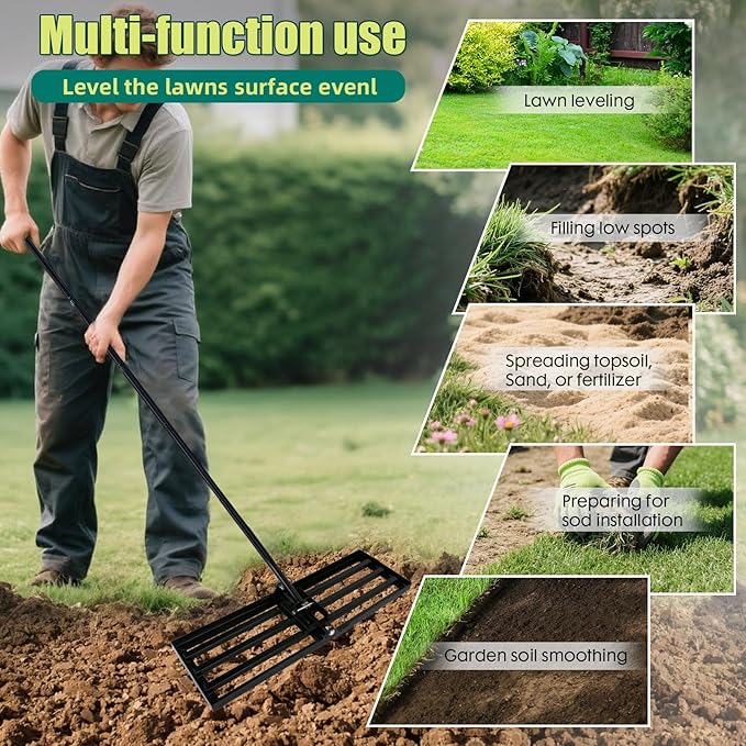 Lawn Leveling Rake 30 x 10 Inch Stainless Steel Heavy Duty Ground Leveler, Flipping-Resistant Smooth Edge, Adjustable Handle 28–60 Inches for Backyard Landscape, Garden, Golf Course, Farm, Pasture.