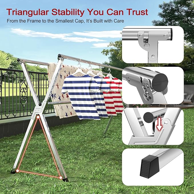 Clothes Drying Rack, Heavy-Duty Folding Laundry Drying Rack for Indoor Outdoor Use, 50.4-78.7" Extendable Stainless Steel, Space-Saving Design, Foldable Freestanding Airer