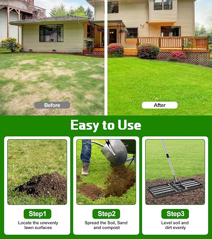 Lawn Leveling Rake 30x10 inch with Stainless Steel Rod and Carbon Steel Head - Heavy Duty Yard Leveler for Grass Soil Sand Dirt Topsoil Fertilizer Distribution Garden Farm
