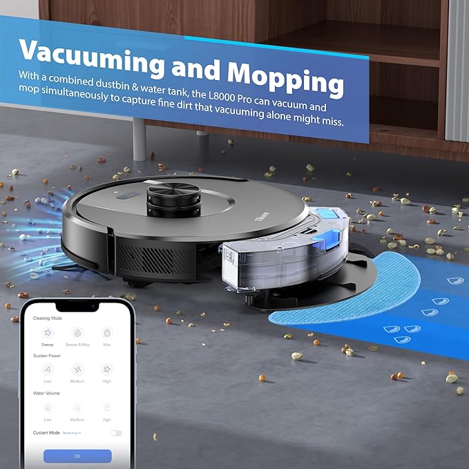Tikom Robot Vacuum and Mop Combo, 6000 Pa Automatic Robotic Vacuum Cleaner, Smart Mapping, 150 Min Max, Ideal for Pet Hair, Hardfloors, Carpets, Home(L8000 Pro)