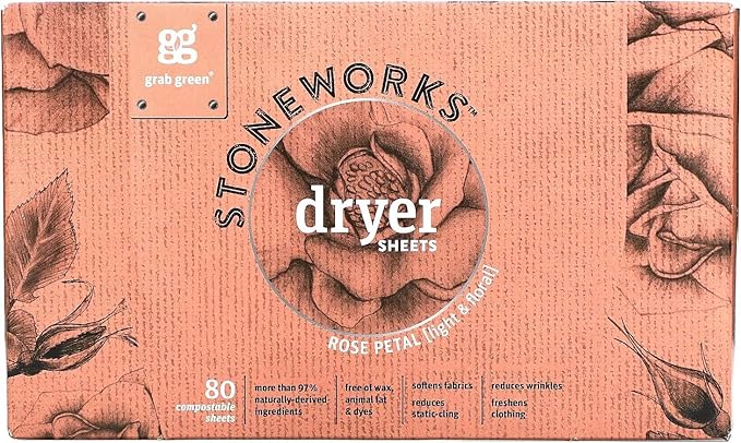 Grab Green Stoneworks Cruelty-Free Dryer Sheets | Softens Fabrics, Freshens Clothing & Reduces Static-Cling and Wrinkles | Plant Based | Rose Petal Scent (80 Sheets)