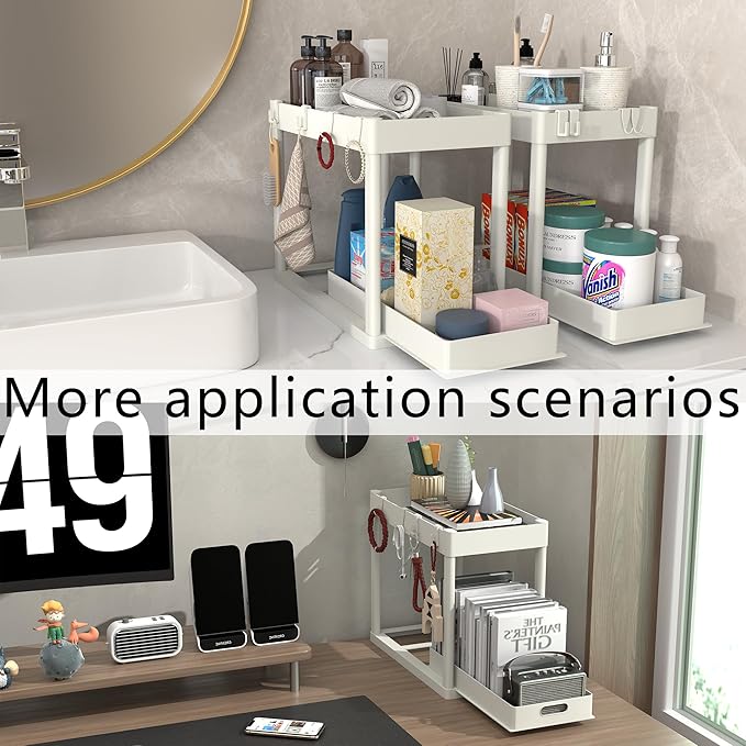 2PC Under Sink Organizer Rack 2 Tier Under Sliding Cabinet Basket Organizer Drawer with 4 Hooks, Multi-purpose Under Sink Storage for Bathroom Kitchen Desktop（White）