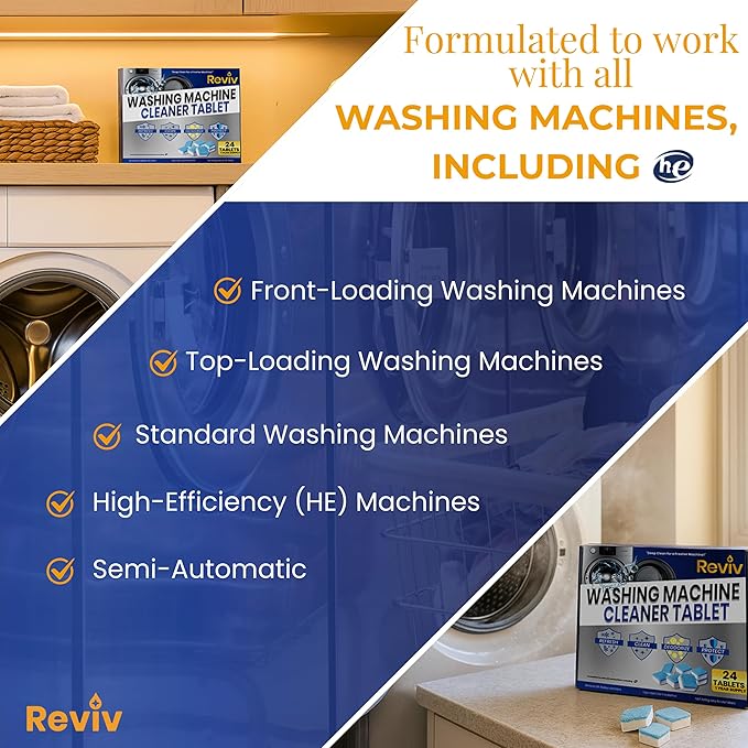REVIV Washing Machine Cleaner Tablets – 24 Count, 12-Month Supply – Deep Cleaning & Odor-Removing Tablets for Front Load, Top Load & HE Washers – Biodegradable, Septic-Safe, Non-Toxic Descaler