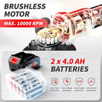 Cordless Angle Grinder 4-1/2 inch, 3-Speed Adjustable, 10000 RPM Electric Angle Grinder Portable with 2*4.0Ah Batteries & 3 Wheels, Battery Powered Grinder Tool Kit for Wood/Metal/PVC Cutting