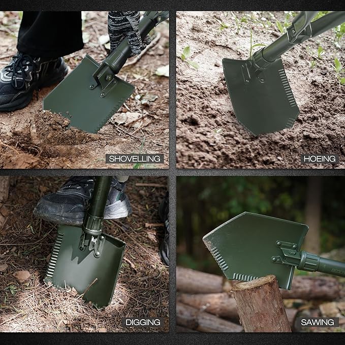 REDCAMP 23" Tri-Fold Folding Shovel for Camping & Car Emergencies, Heavy Duty Tactical Compact Snow/Mud Shovel with OCP Cover, High Manganese Steel Mini Survival Tool (3LBS, Green)