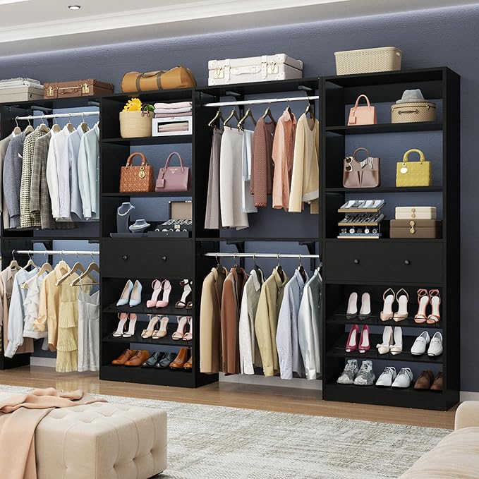 [10 FT Closet System] 120 Inch Reversible Set of 2 Wood Closet Organizer System with 2 Drawers, 4 Hanging Rods Adjustable Shelf, Walk In Closet Organizers with Shoe Rack, Garment Rack, Black