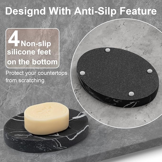 Soap Dish Bathroom Resin Marble Look Bar Soap Holder for Shower Soap Tray for Kitchen Sink(Marble Black)