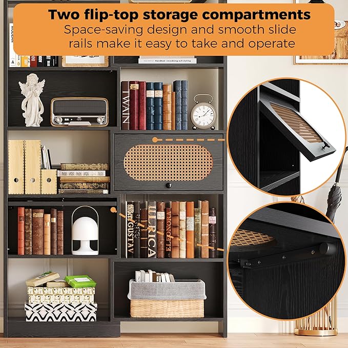 IRONCK 6 Tier Bookshelf and Bookcase with 2 Rattan Design Flip-top Storage Cabinets, 8 Cube Bookcases Display Storage Shelves Organizer for Living Room, 43.3" Black