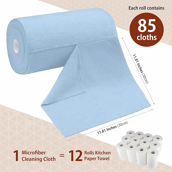 H4N Microfiber Cleaning Cloth Roll, 85 Pack Tear Away Towels, Lint Free, Absorbent, Streak Free, Non-Abrasive, Reusable and Washable Dish Rags for Car and Household Supplies, 11.81x11.81 Inches (Blue)