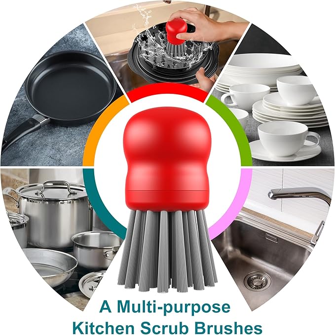 Mini Dish Brush for Cleaning Chicken Shredder, Palm Brush Dish Scrubber with Ergonomic Grip, Kitchen Brush for Washing Dishes, Pans, Pots, Sink (2, Red)