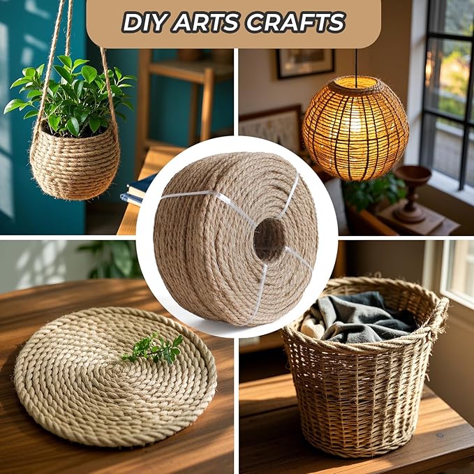 RIOOP Natural Jute Twine Rope 328 Feet 6mm, Heavy Duty Premium Garden Twine String for Crafts, Gardening Deals, Cat Scratching & Macrame Cord, for Climbing Plants, Halloween Decor