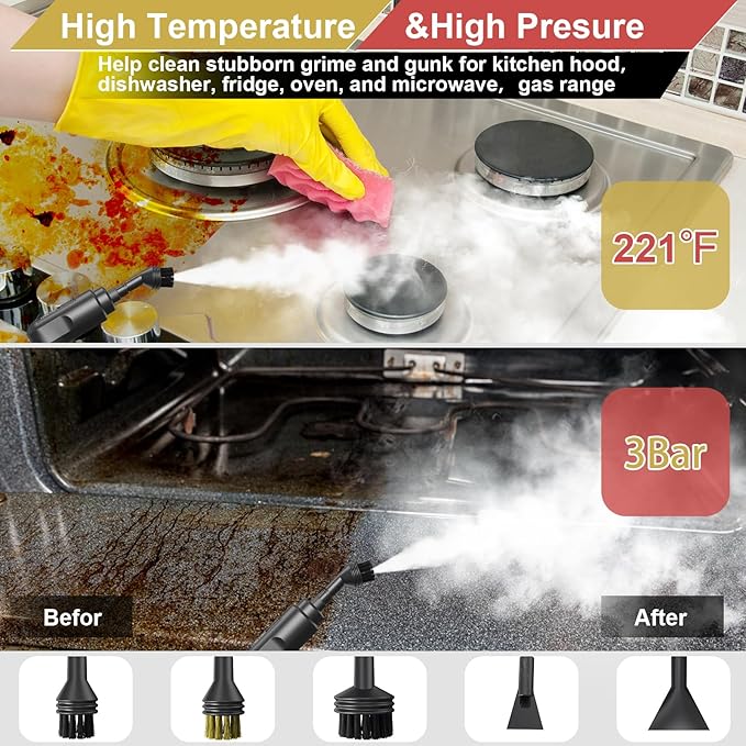 Steam Cleaner for Home, 15s Heat-Up, 1.6L Water Tank, 3-Level Adjustable Handle, Handheld Steam Cleaner for Car Detailing, Dirt, Furniture, Couch, Floor Tile, Bathroom, Bed Bugs, 12Pcs Accessories