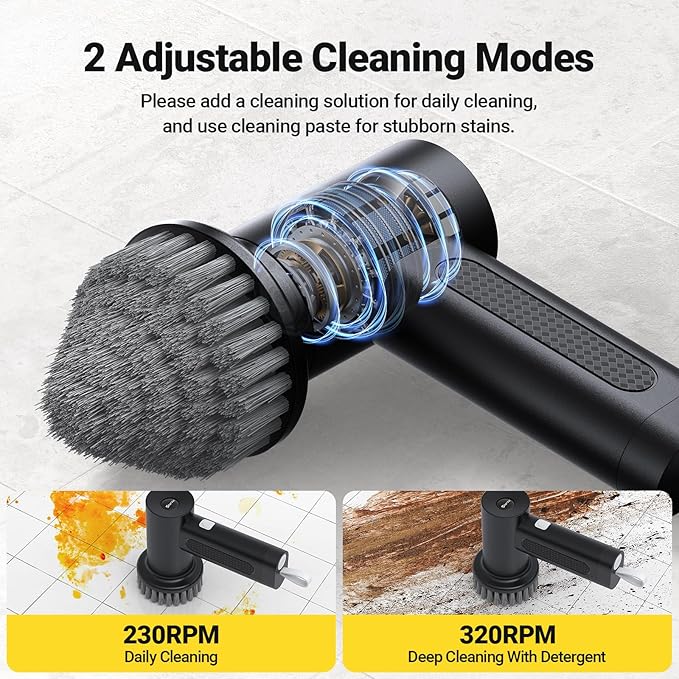 Electric Spin Scrubber, 3000 mAh Cordless Power Scrubber with 8 Replaceable Heads, Dual Speed Lightweight Handheld Scrubber for Cleaning Stove/Bowl/Sink/Corner/Tile/Grout (Black)