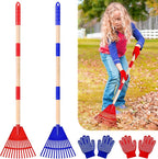 2 Pcs 35'' Kids Rakes for Leaves - Plastic Rake Head with 2 Pairs Kids Gloves, Small Kids Lawn Rakes Detachable Wooden Handle, Autumn Garden Tool Set for Kids Boys and Girls, Red & Blue, 3yr+