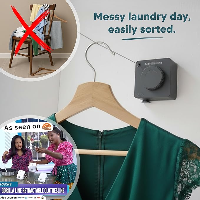 GorillaLine Basic - Retractable Clothesline Indoor Outdoor Clothes Line - Heavy Duty Clothes Drying Laundry Line - Wall Mounted Drying Rack - Air Dry Clothing - 15ft line Max Tighten with GorillaGrip